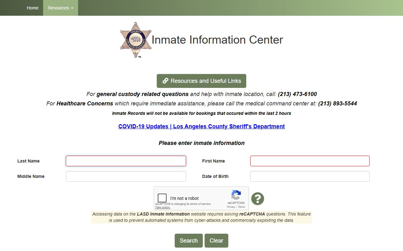 LASD Inmate Information Center used for Los Angeles arrests