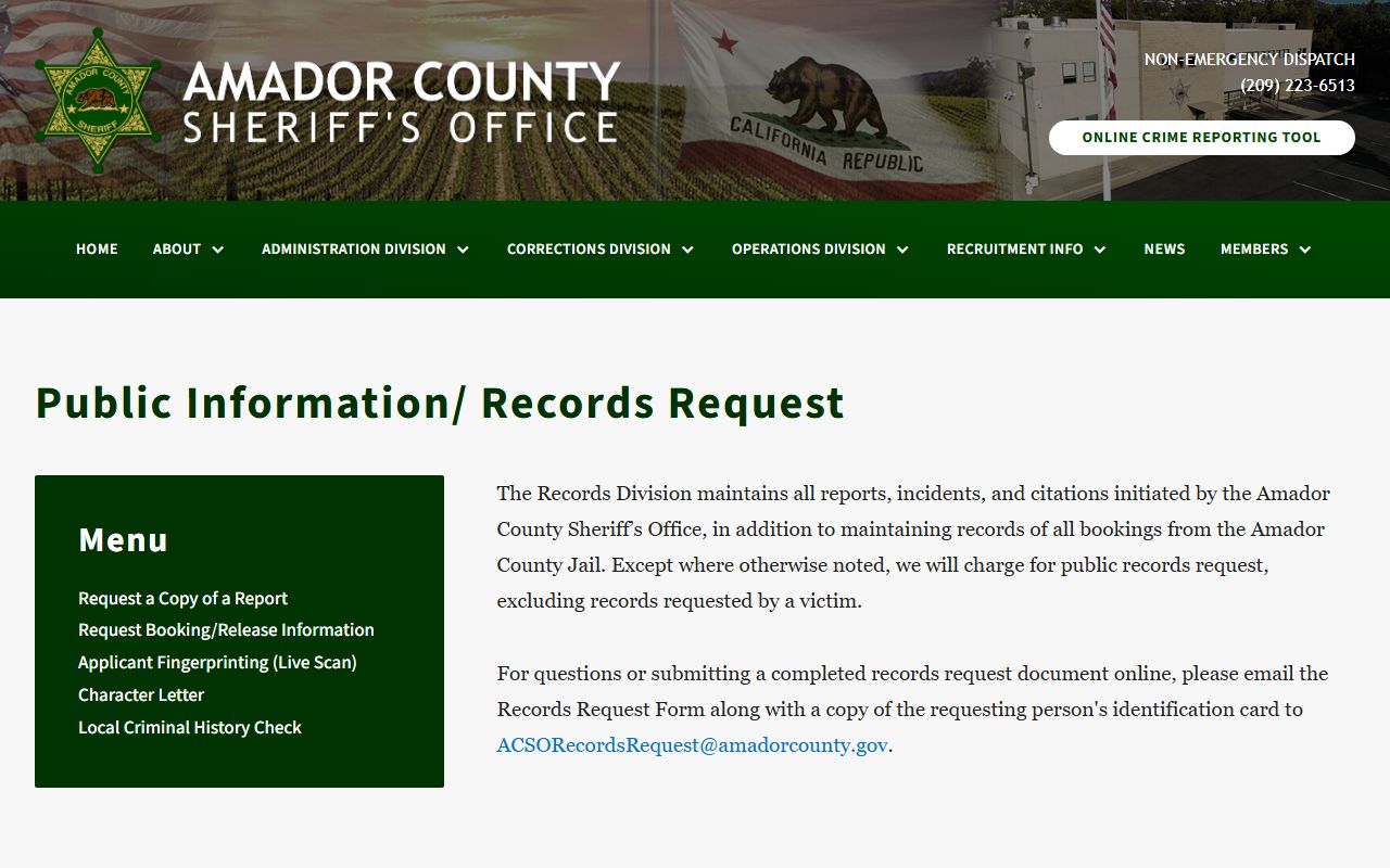 Amador County Sheriff records request page