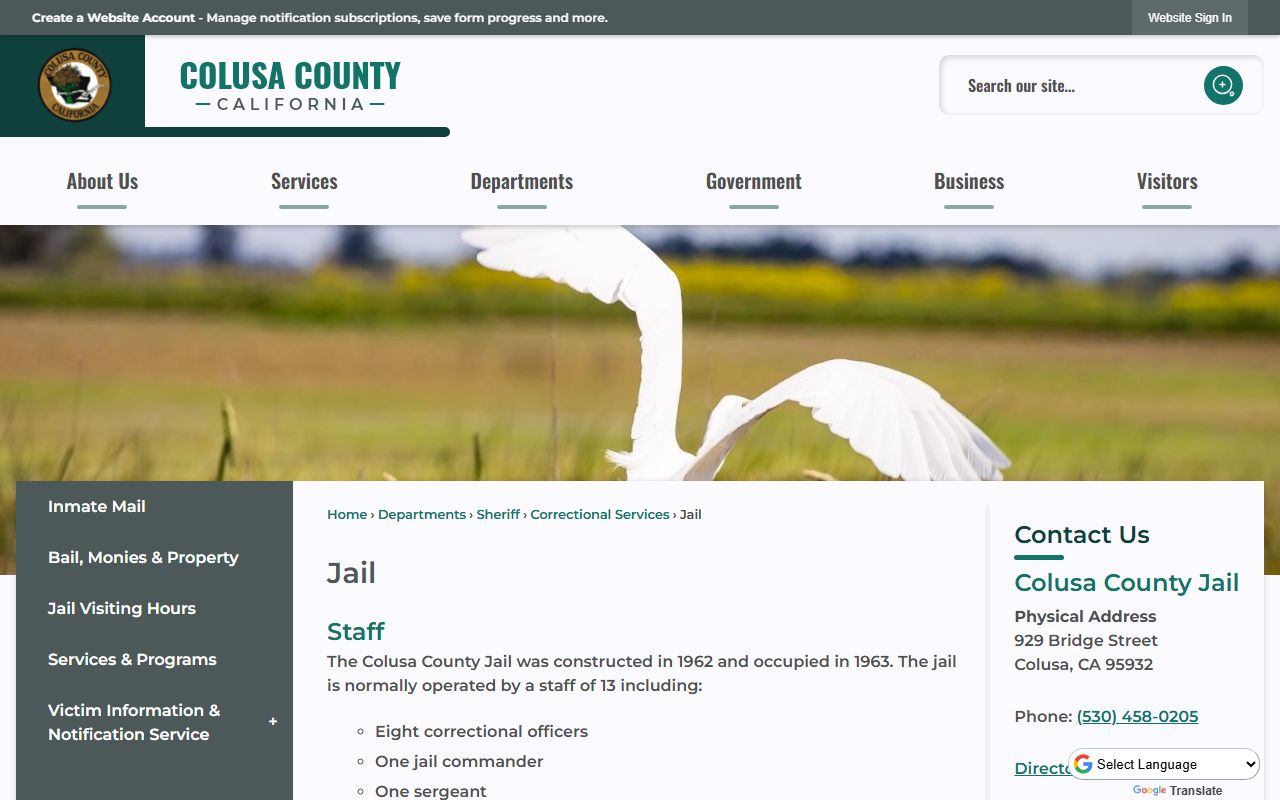 Colusa County Sheriff jail information page