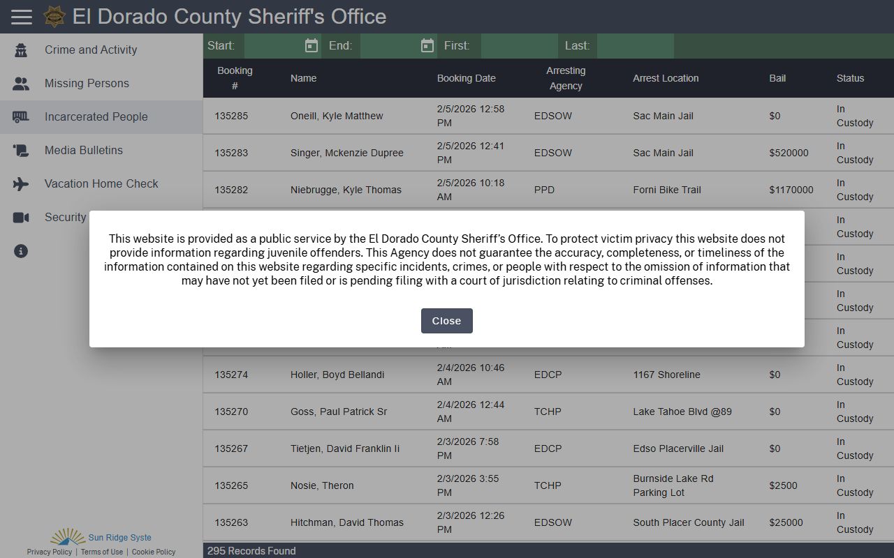 El Dorado County Sheriff CitizenRIMS portal