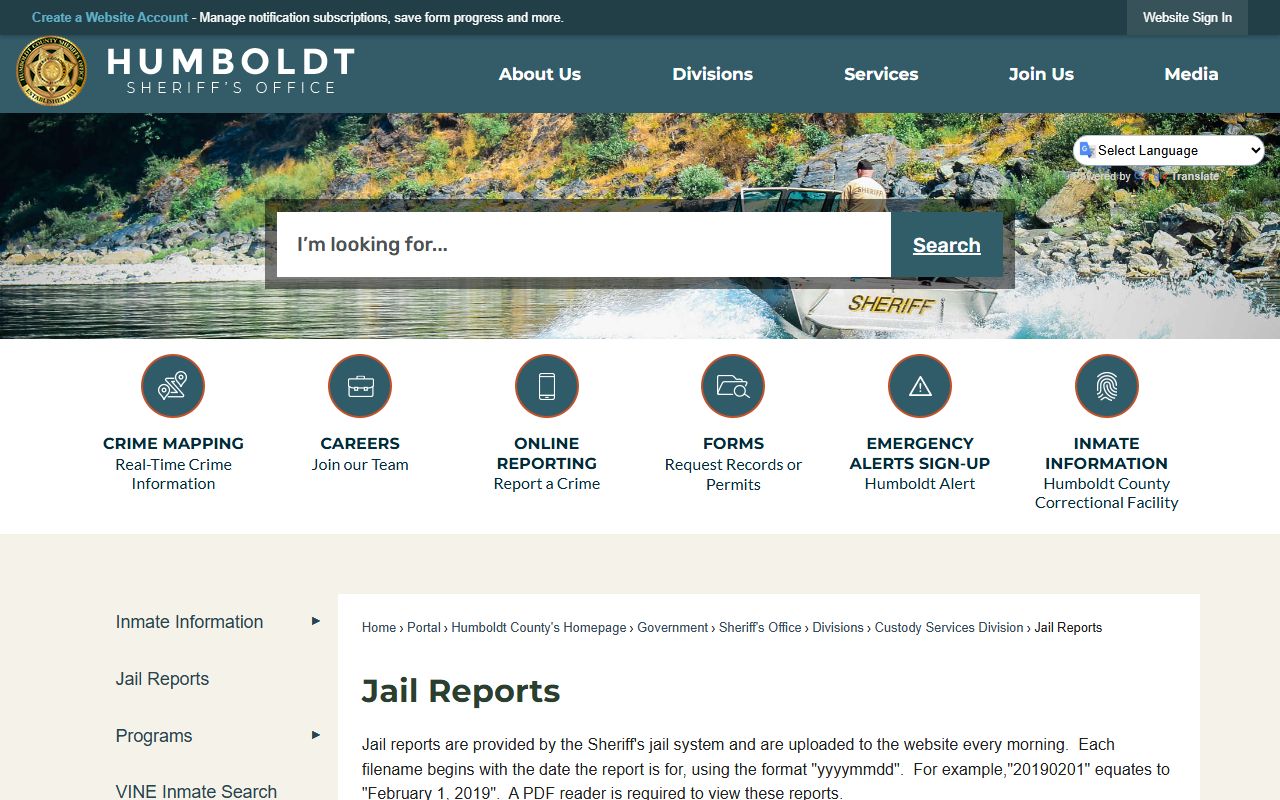 Humboldt County Sheriff jail reports webpage