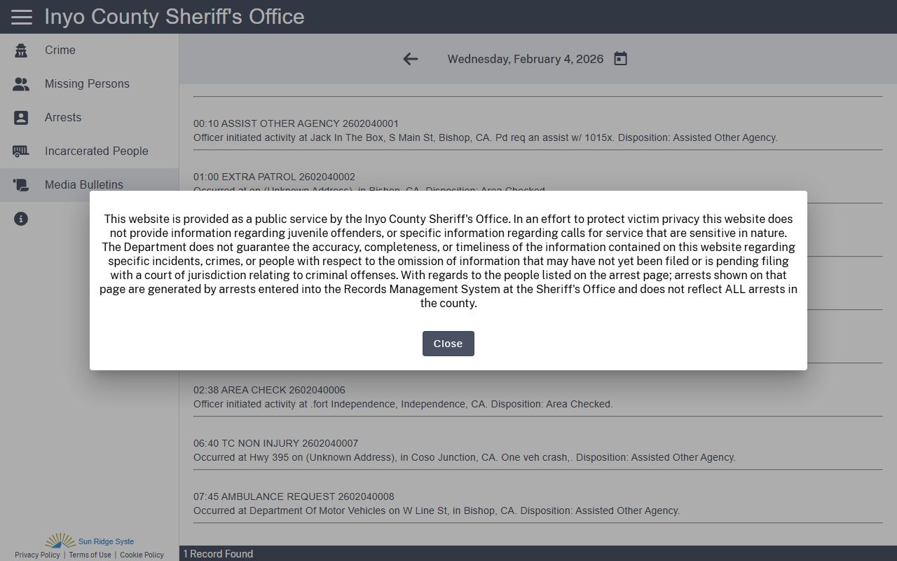 Inyo County Sheriff CitizenRIMS portal