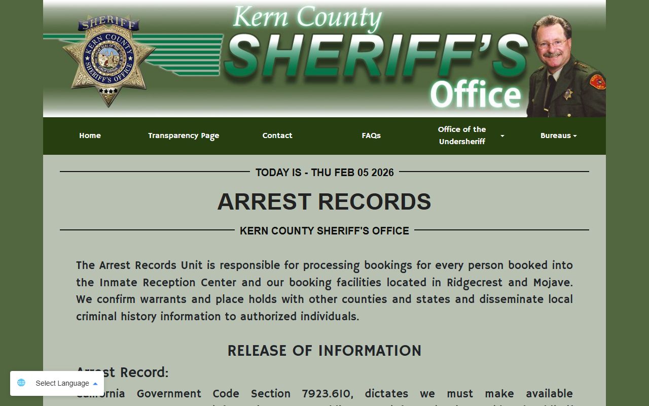 Kern County Sheriff arrest records information page