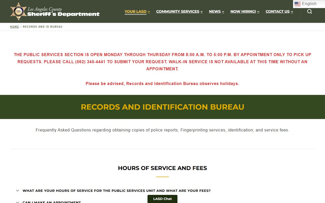 LASD records request FAQ page