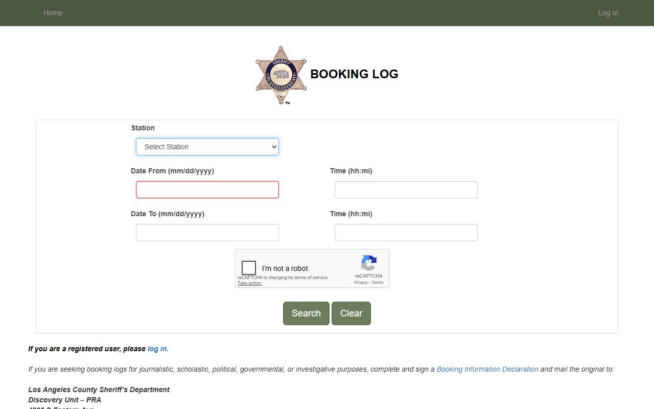 Los Angeles County Sheriff booking log portal homepage