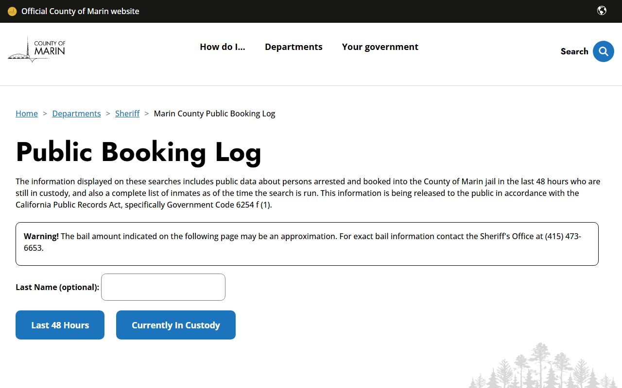 Marin County Sheriff public booking log portal