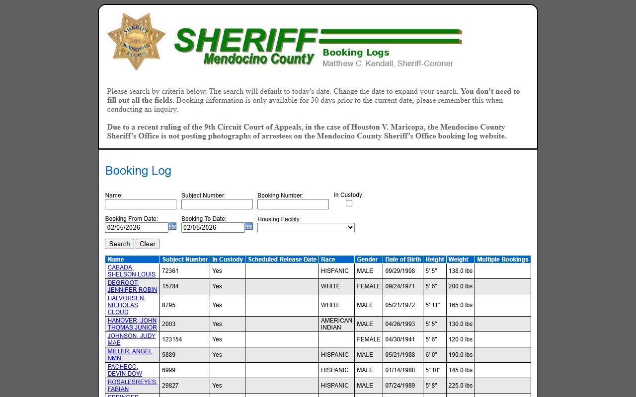 Mendocino County Sheriff inmate inquiry system