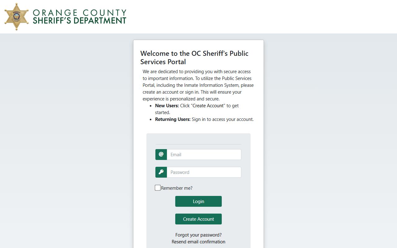 Orange County Sheriff public services portal search page