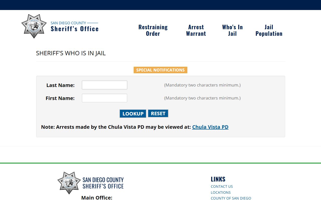San Diego County Sheriff Who's In Jail search portal