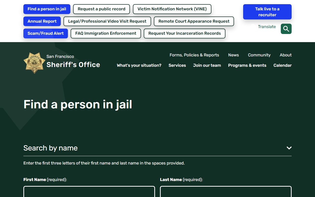 San Francisco Sheriff inmate search portal