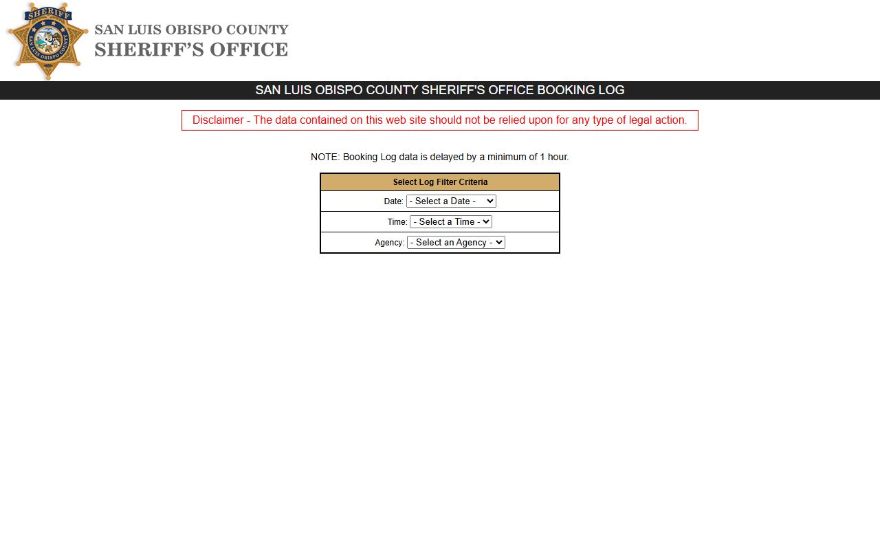 San Luis Obispo County Sheriff booking log webpage