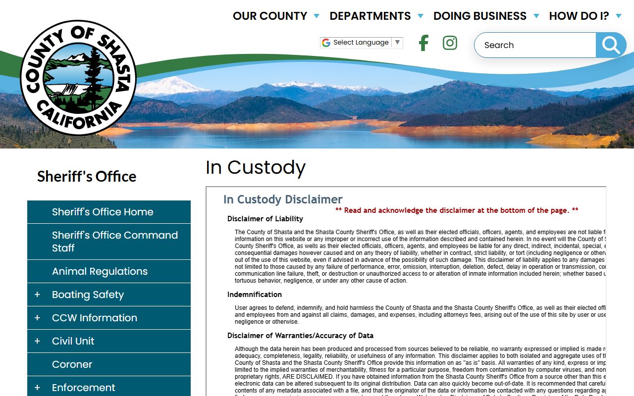 Shasta County Sheriff in-custody information webpage