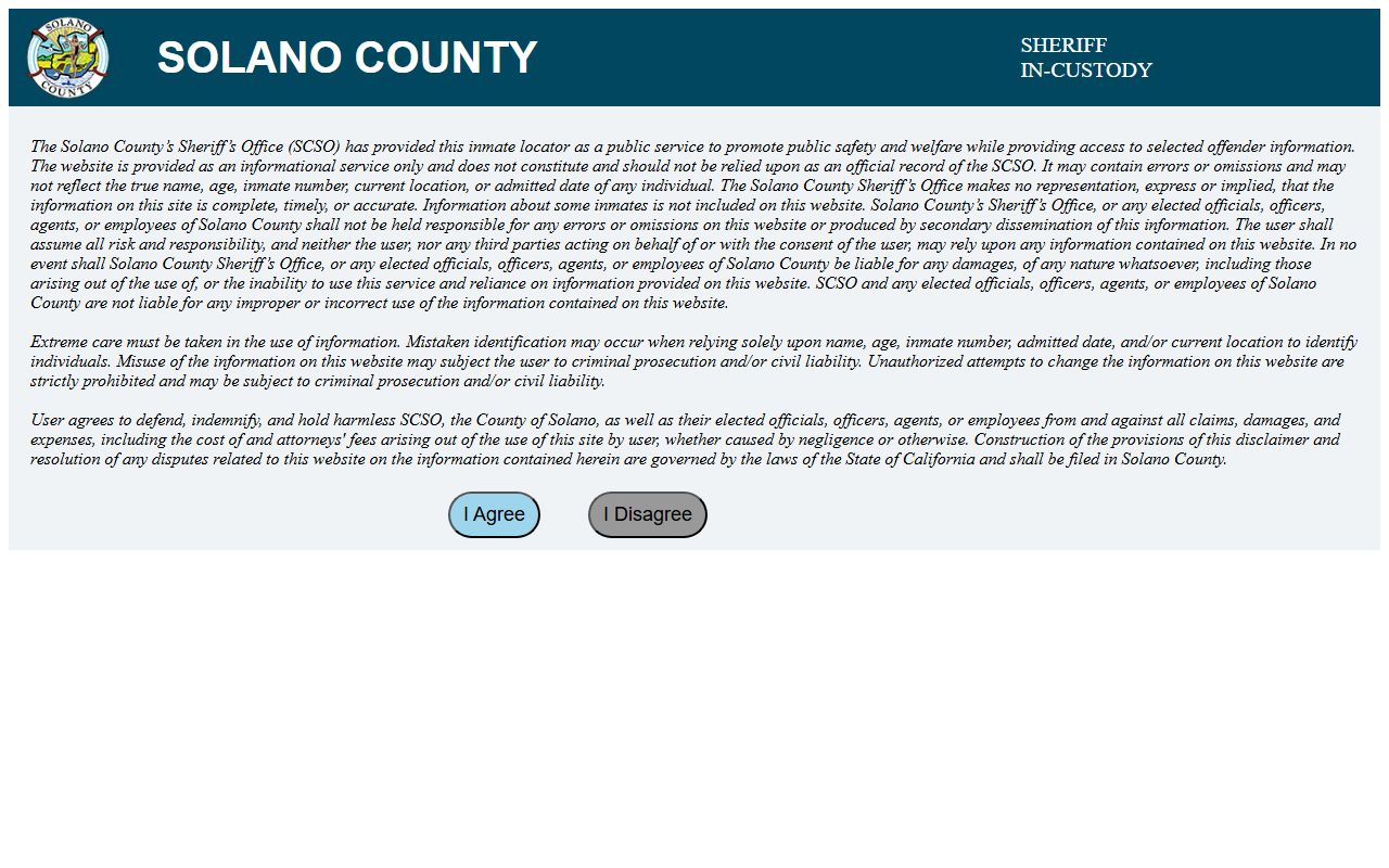 Solano County Sheriff inmate search system