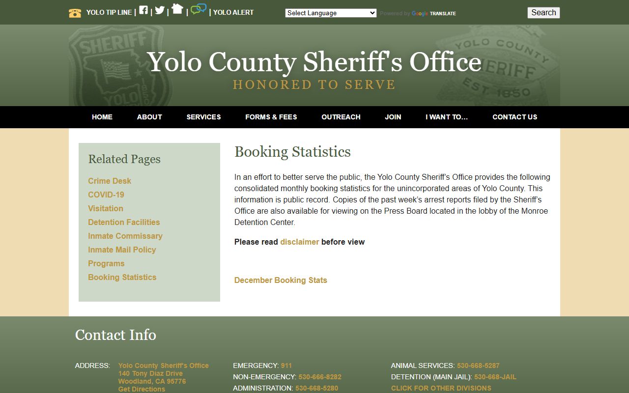 Yolo County Sheriff booking statistics page