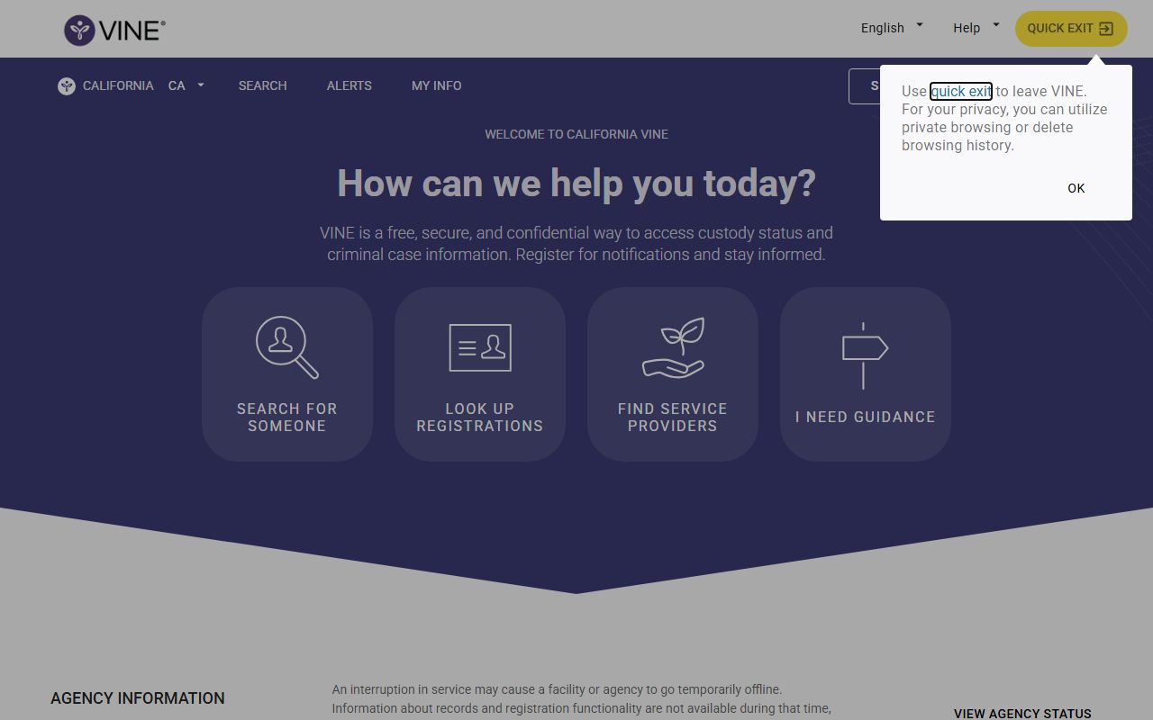 California VINE victim notification system homepage