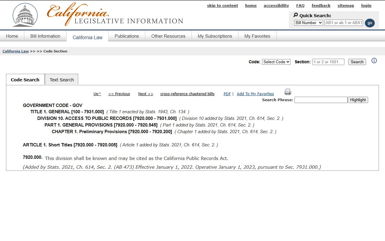 California Public Records Act statute text